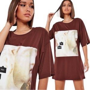MISSGUIDED CHOCOLATE OVERSIZED HUN WHAT GRAPHIC T SHIRT - BRAND NEW